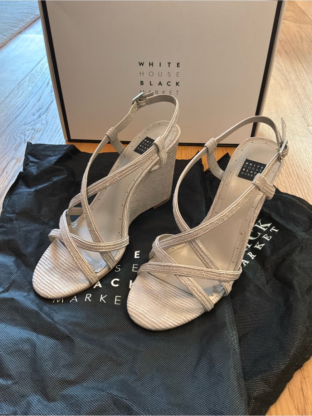 White House Black Market Light Beige/Gray Strappy Wedge Sandals, Size 7.5
